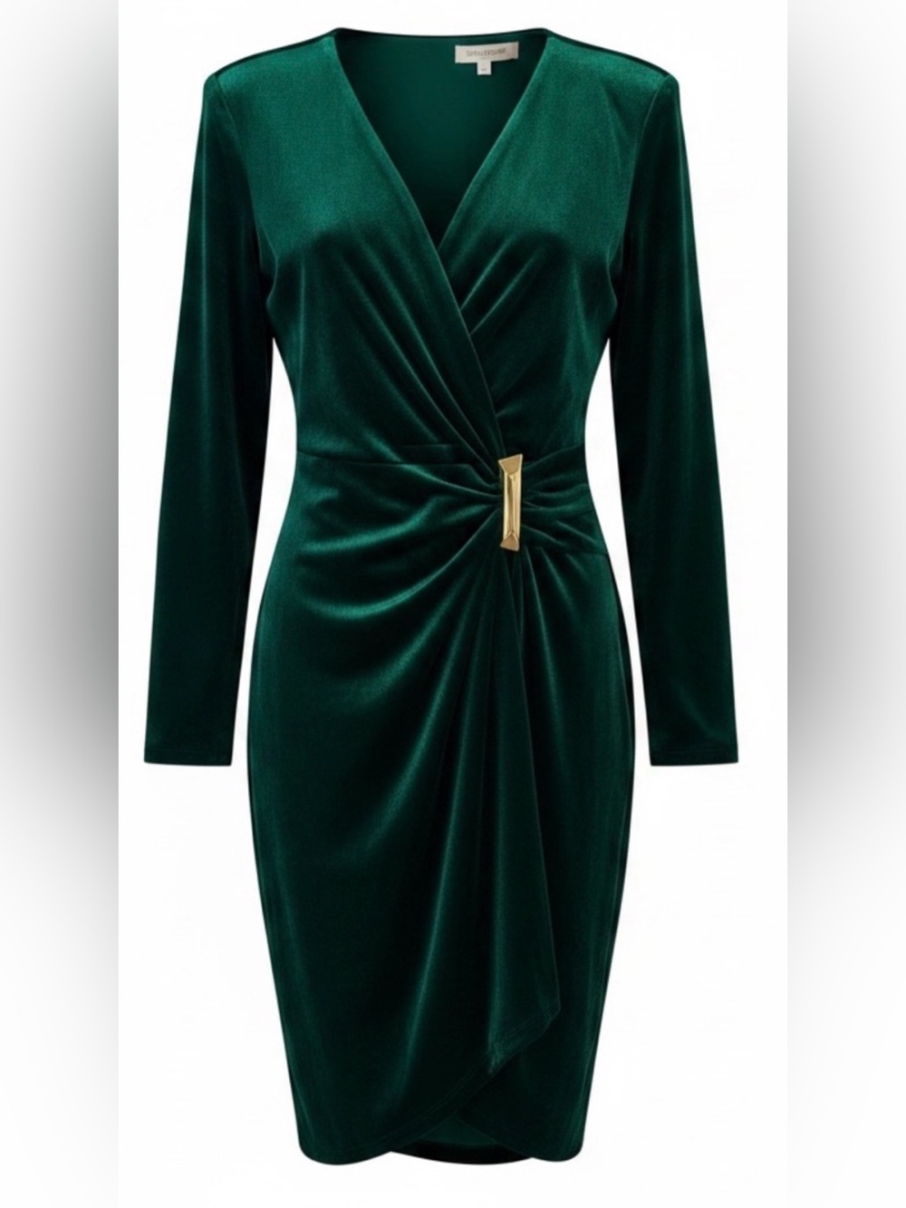 Calvin Klein Dark green Velvet Long-Sleeve Wrap Dress with Gold Accent
